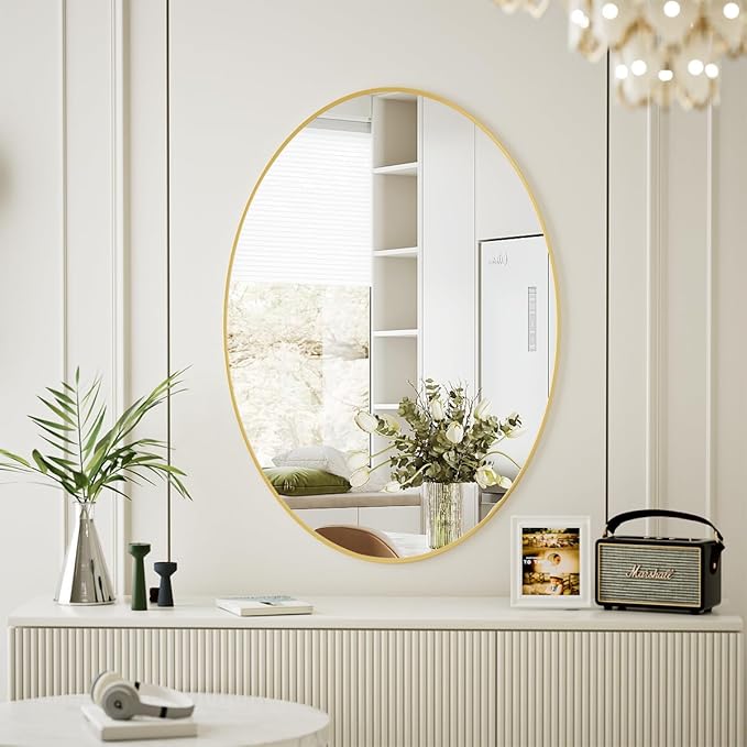 Koonmi Gold Oval Bathroom Mirror, 24"x36" Bathroom Vanity Mirror, Oval Mirror for Bedroom Living Room Entryway, Hangs Horizontal or Vertical