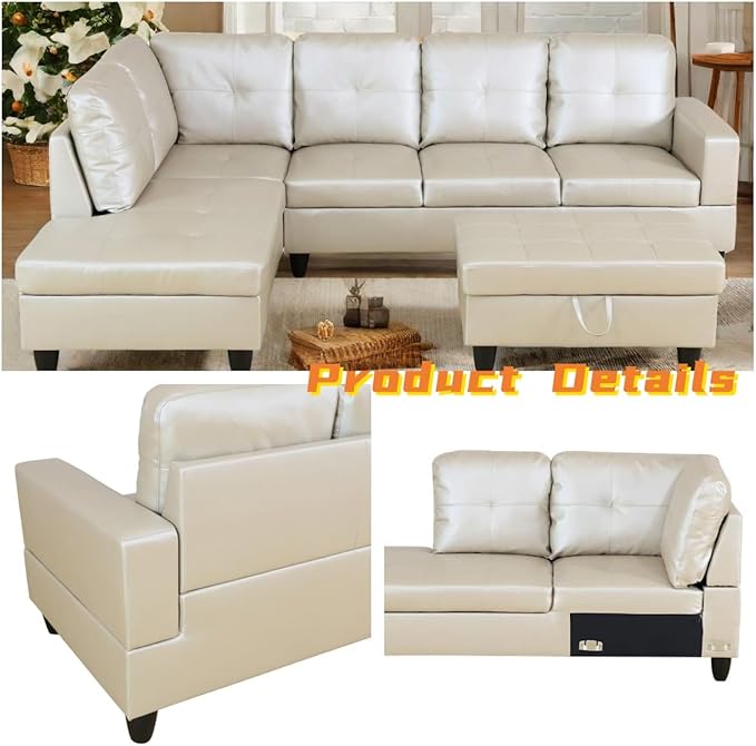 L Shaped Sectional Couch with Otttoman, 97" Leather Sectional Sofa for Living Room Modular Couches with Cup Holders for Bedroom, Apartments, Light Grey