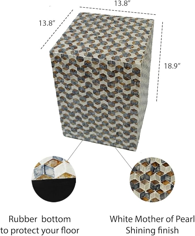 PEMAR Mother of Pearl Square Drum End Table Nacre Lacquer Side Bedside Accent Table and Vanity Stool for Living Room Bedroom (Geometric Cube)