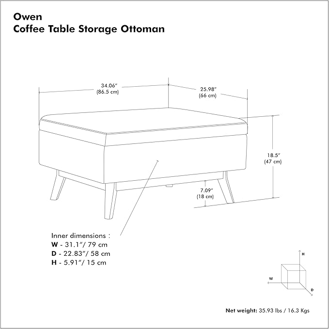 SIMPLIHOME Owen 34 inch Wide Mid Century Modern Rectangle Coffee Table Storage Ottoman in Natural Linen Look Fabric, Assembled, for the Living Room, Entryway and Family Room