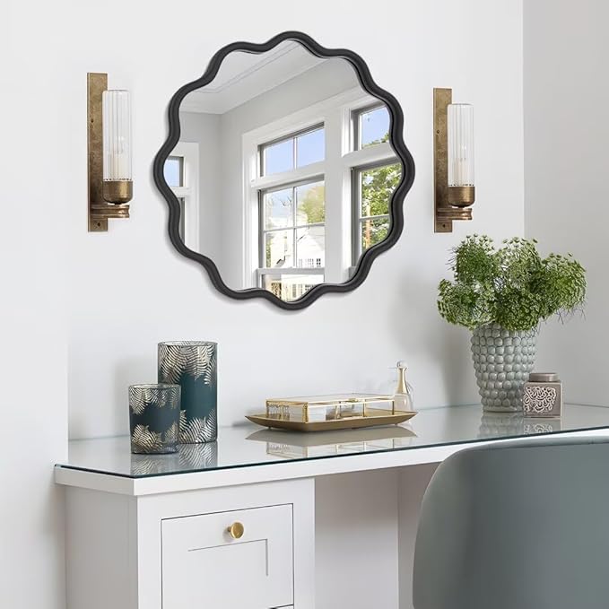 PROHOMEWARE Black Round Mirror 20 Inch Wavy Bathroom Vanity Mirror Black Frame Modern Wall Mirror Decorative Wall-Mounte Anti-Rust, Tempered Glass