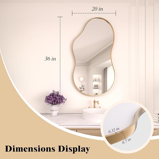 WEER Irregular Wall Mirror, 20x36 inch Gold Asymmetrical Mirror Wall Mounted Mirrors Decorative, Abstract Wavy Aluminum Alloy Frame Mirror for Bathroom, Bedroom, Living Room, Entryway