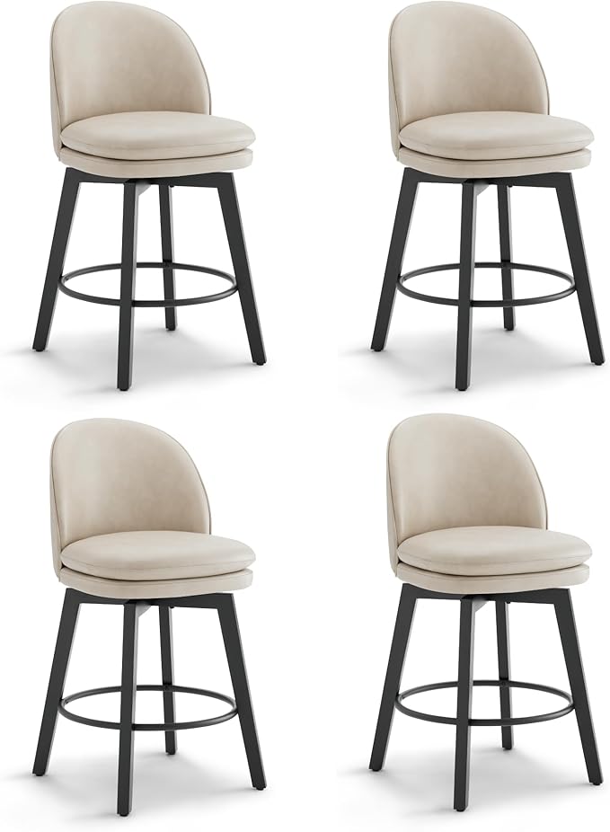 Counter Height Barstools 26 inch Upholstered Swivel Bar Stools with Back and Wood Legs for Kitchen Island,Set of 4,Beige PU Leather-Armless
