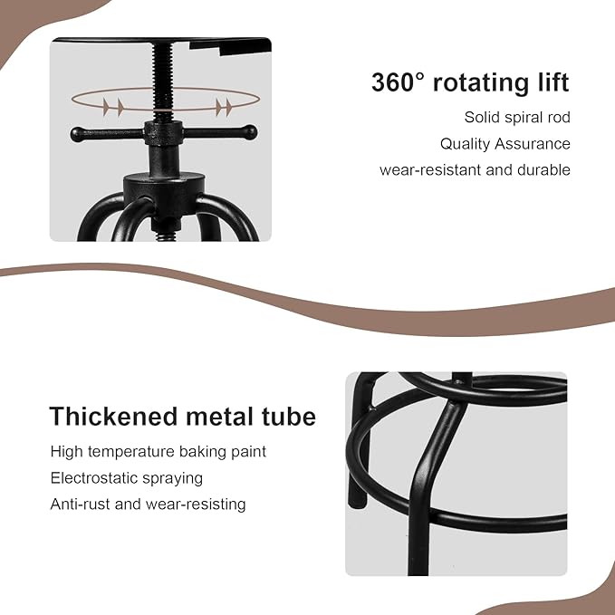 Diwhy Industrial Vintage Counter Stool, Kitchen Counter Height Adjustable Swivel Chair, Metal Frame Stool, with Iron Backrest, 20.47-26.77 Inch, Fully Welded Base, Set of 2