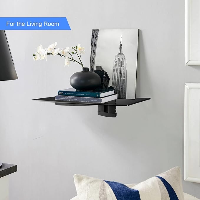 suptek Glass Floating Shelf, 1 Tier Media Shelf for TV Accessories, Flat Black Wall Mount Bracket, 17.6lbs Weight Capacity, Quick Installation, Cable Management, Custom Style, Backless