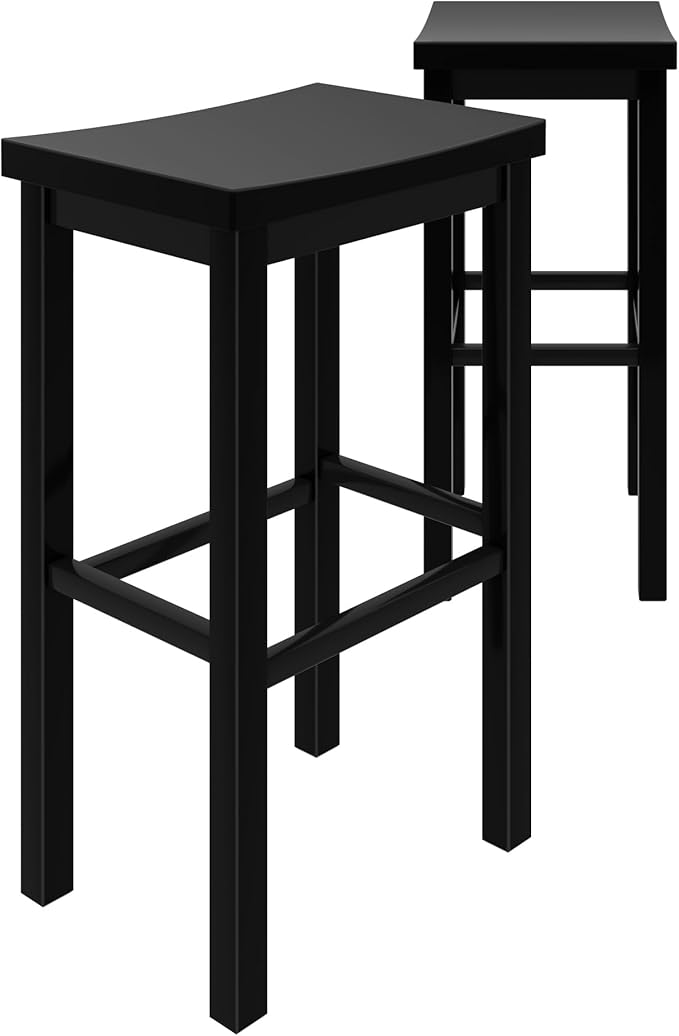 Grain & Grove Smith Collection Set of 2 Solid Wood Bar Stools, 30 inch Saddle-Seat Bar Chairs, Backless, Heavy-Duty Construction, Footrest Support, for Kitchen Islands, Home Bars, and Counters, Black
