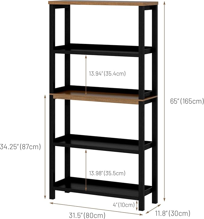 Vlsrka 5 Tier Wooden Bookshelf with Lights, 65" Tall Open Bookcase Storage Rack, Modern Bookshelf with Storage, Free Standing Display Book Shelves for Living Room, Home Office, Black