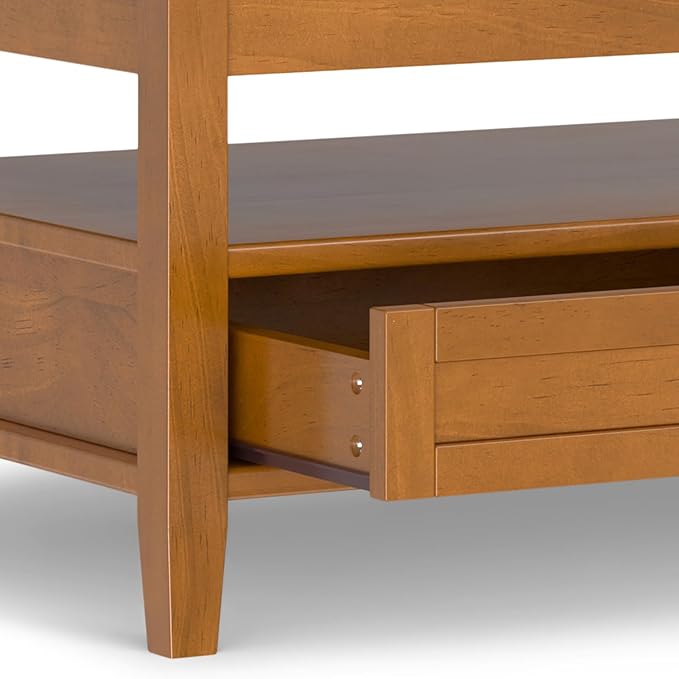 SIMPLIHOME Warm Shaker Lift Top Coffee Table - 48 inch Wide Solid Wood Cocktail Table in Light Golden Brown, Transitional Living Room Table with Hidden Storage, 2 Drawers, and Open Shelf