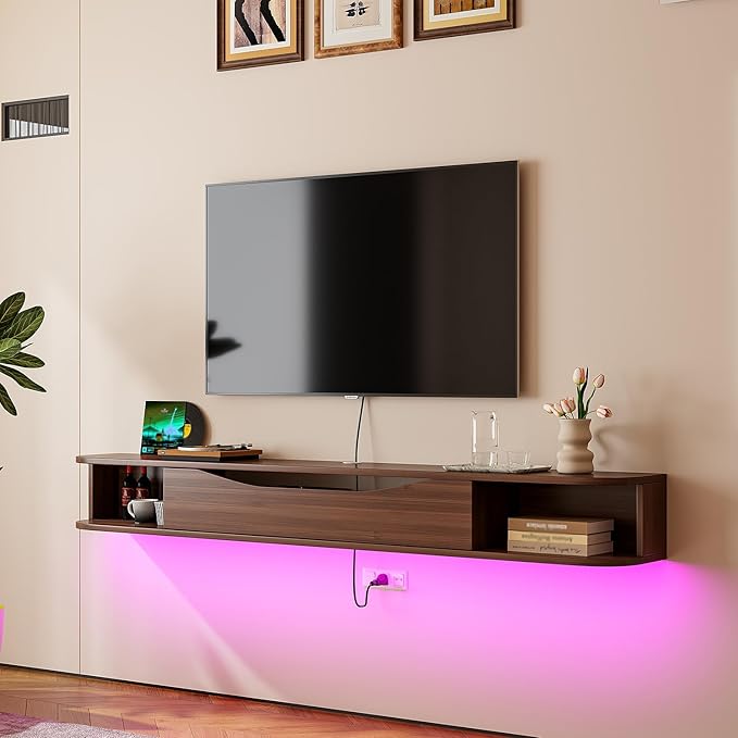 Floating TV Stand,47'' Wall Mounted TV Cabinet,Floating TV Console,Under TV Shelf with 1 Door and 2 Cabinets for TVs up to 55''(Walnut)