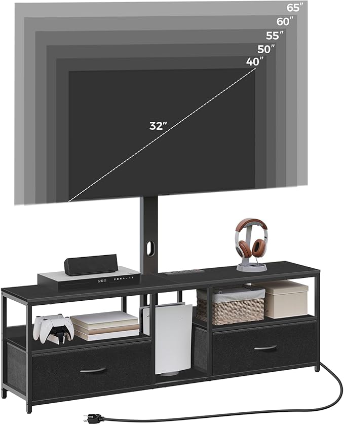 TV Stand with Mount for up to 65", Entertainment Center with Switch-Controlled Charging Station, Swivel TV Stand Mount with Fabric Drawers, for Living Room, Black TVBK154E01