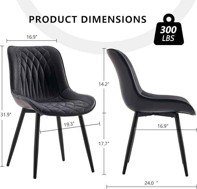 YOUNIKE Black Dining Chairs Set of 2 with High Backs Mid Century Modern Kitchen & Dining Room Chairs PU Faux Leather Upholstered Wide Seat Accent Chair Comfortable Large Padded Side Chair Metal Legs
