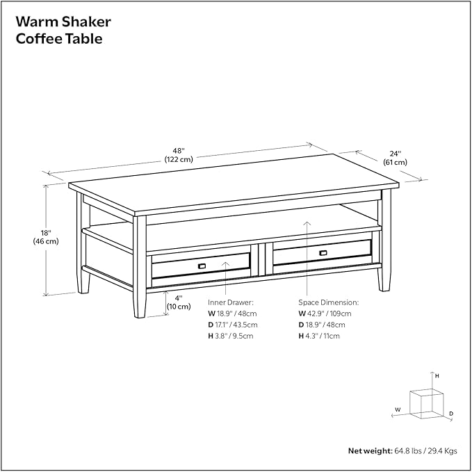 SIMPLIHOME Warm Shaker Coffee Table - 48 inch Wide Solid Wood Cocktail Table in Farmhouse Brown, Transitional Living Room Table with 2 Storage Drawers and Open Shelf for Sitting Area or Lounge
