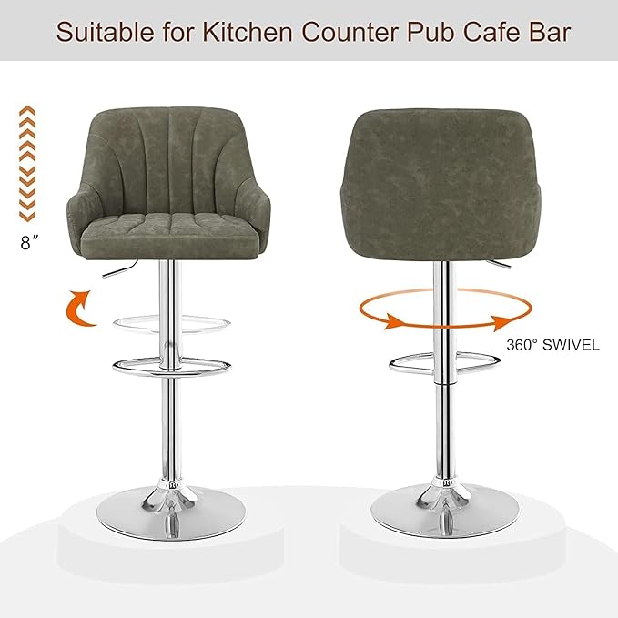VECELO Bar Stools Set of 2, Adjustable Barstools, Counter Height Stools with Back and Arm, Kitchen Island Stools, Swivel PU Leather Chairs for Pub, Dining Room, Modern Style, Dark Grey