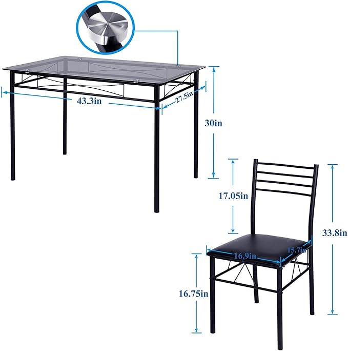 VECELO 5-Piece Kitchen Dining Table Set, Glasses Tabletop & Heavy-Duty Metel Frame, Rectangle Dinette with 4 Chairs for Small Space, Breakfast Nook, Glasses & Black