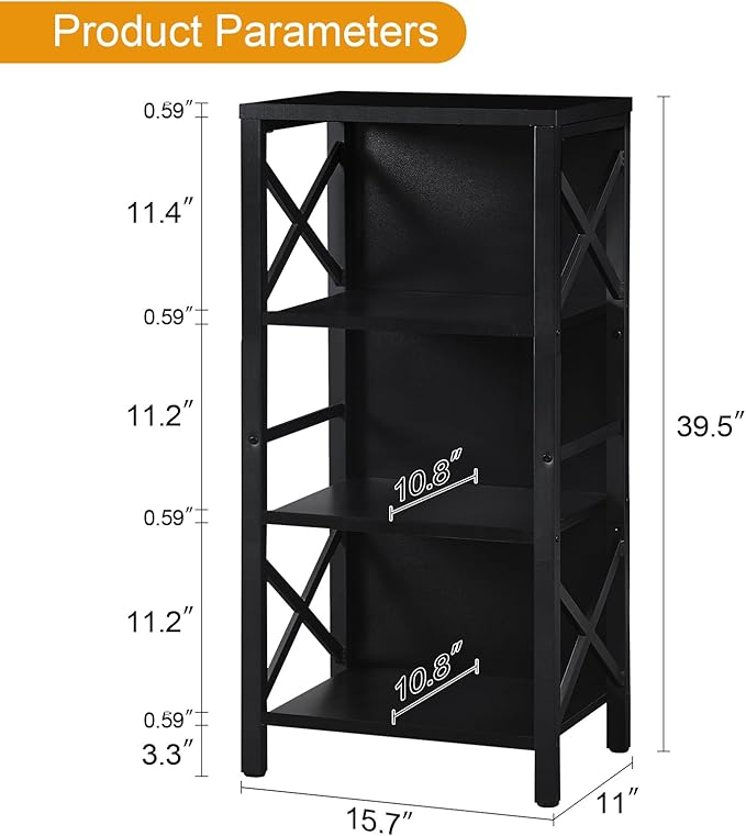 Small Bookshelf,4 Tier Industrial Bookcase with Metal Frame and Backboard,Narrow Black Book Shelf,Office Book case for Small Spaces,Living Room,Bedroom and Home Office
