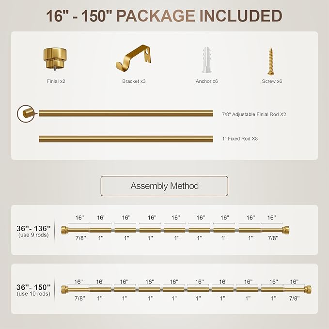 Modern Gold Curtain Rods for Windows 72 to 144 Inches Adjustable Length Heavy Duty 1" Diameter Brass Window Curtain Rod with Solid Metal Finials for Outdoor Farmhouse Bedroom Kitchen Living Room