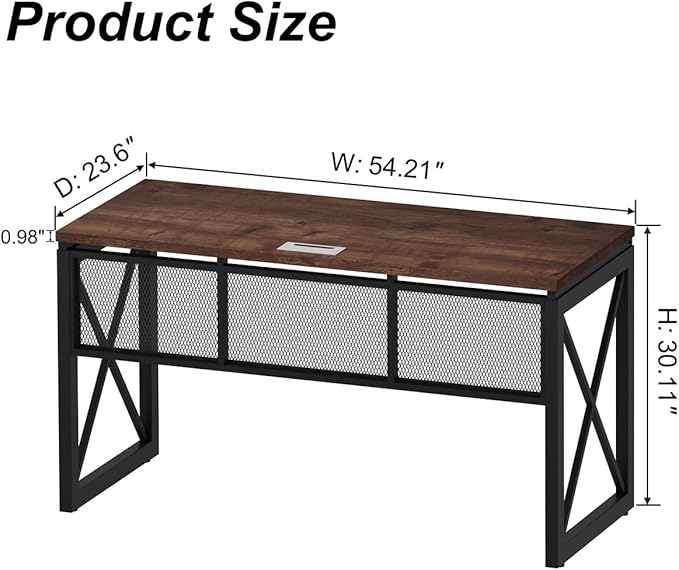 BON AUGURE Farmhouse Computer Desk, Modern Industrial Home Office Desks, Wood Metal Study Writing Table, Sturdy Gaming Desk (Rustic Oak, 54 Inch)