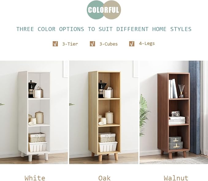 IOTXY Open Cube Low Bookcase - 3-Tier Freestanding Storage Display Cabinet Organizer with Legs for Home Office, 3-Cubes Open Shelf Short Bookshelf, Walnut