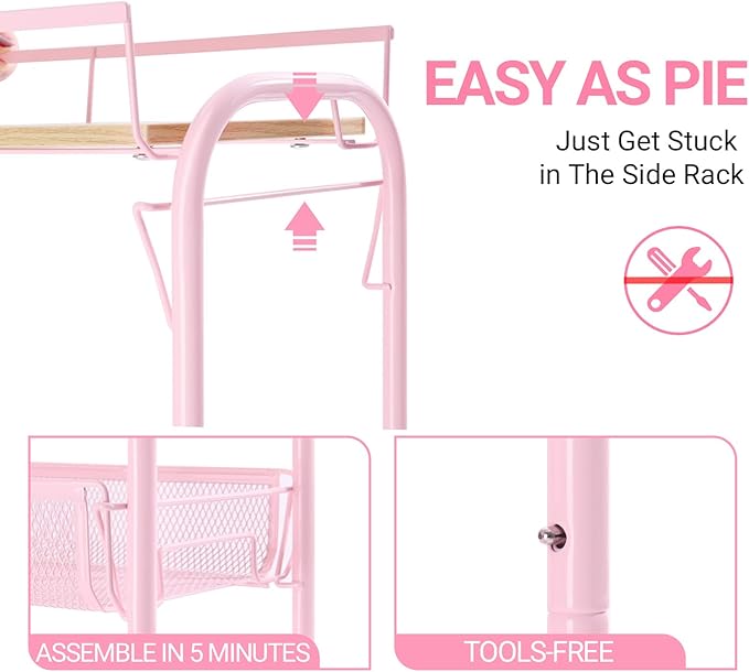 KINGRACK 4-Tier Slim Rolling Cart with Wooden Tabletop, Easy Assemble Metal Utility Cart, Slide Out Narrow Storage Cart for Narrow Space on Bedroom Bathroom Laundry Room Apartments Dormitory, Pink