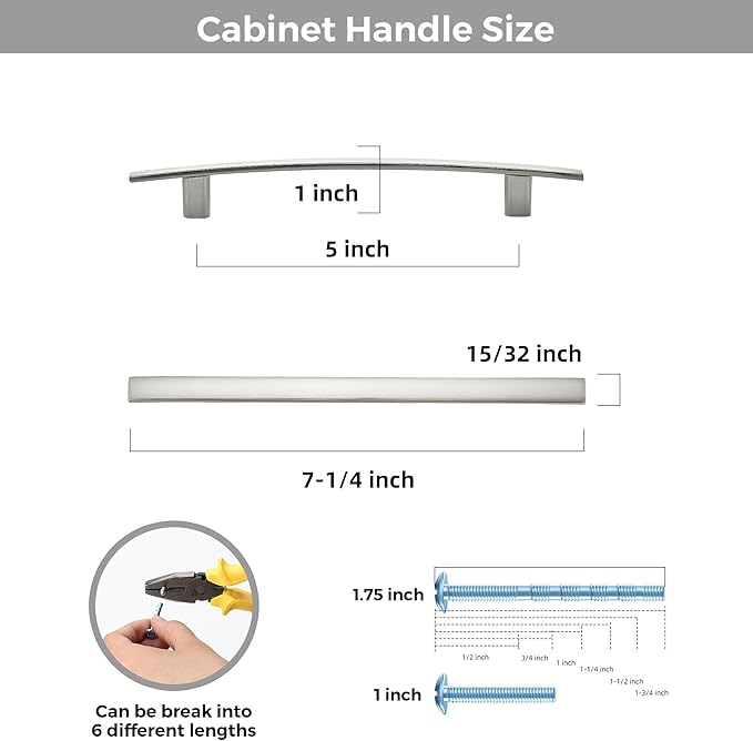 10 Pack Cabinet Handles 5" Hole Center - Curved Cabinet Pulls Brushed Nickel Drawer Pulls for Kitchen Cupboard Solid Hardware for Dresser Drawer Arch Hardware