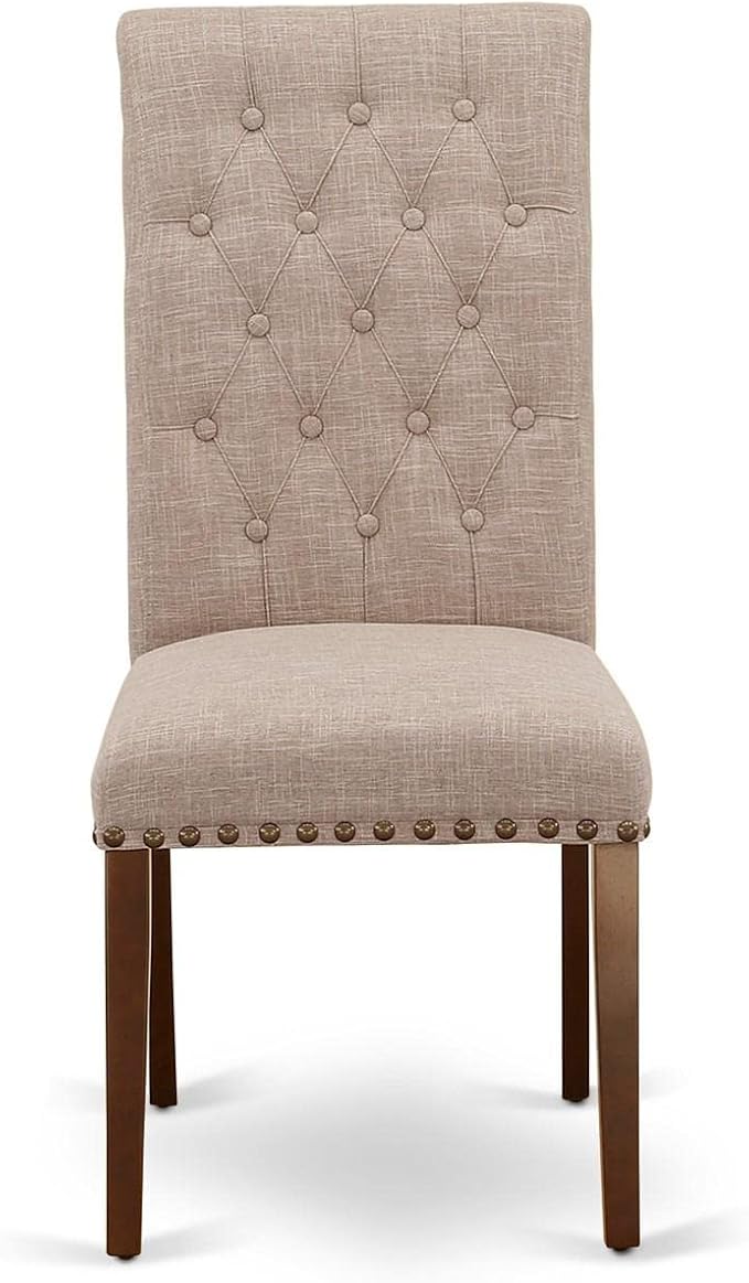 East West Furniture BRP3T04 Bremond Parson Dining Room Chairs - Button Tufted Nailhead Trim Light Tan Linen Fabric Padded Chairs, Set of 2, Mahogany