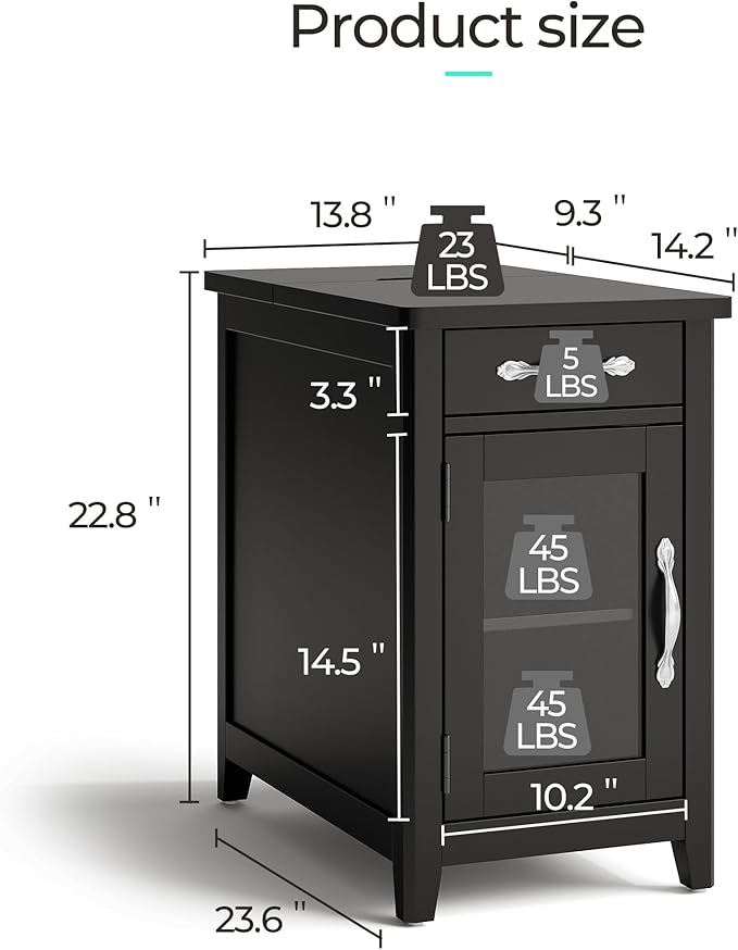 LINSY HOME End Table with Charging Station, Side Table for Bedroom with Drawer and Detachable Holder, Storage Shelf with Glass Door, Extra Storage & Display Space, Small Nightstand for Living Room