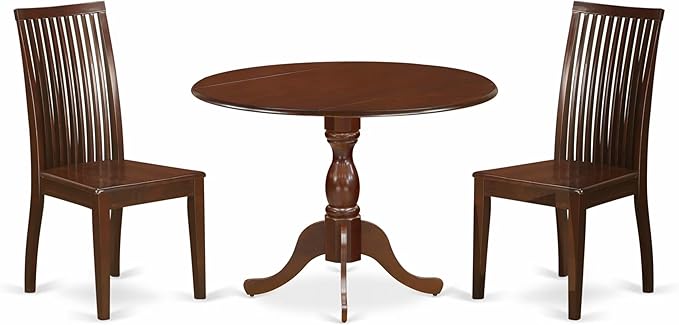 East West Furniture DMIP3-MAH-W 3 Piece Kitchen Table & Chairs Set Contains a Round Dining Room Table with Dropleaf and 2 Dining Chairs, 42x42 Inch, Mahogany