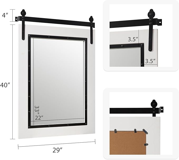 YOSHOOT Farmhouse Barn Door Mirror, 40"x30" Rustic Bathroom Mirror, Wood Frame Wall Mirror, Wooden Mirror for Living Room Bedroom Entryway Wall Décor, White Vertical Hanging ONLY