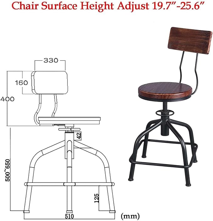 Topower Farmhouse Kitchen Stool, Industrial Counter Stool, Kitchen Deco Round Seat Standard Height Adjustable Swivel Bar Stools with Backrest Indoor House Design Wood Backrest Black Set of 2