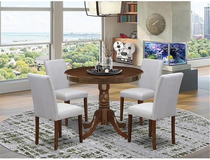East West Furniture ANAB5-AWA-05 5 Piece Kitchen Table & Chairs Set Contains a Round Dining Room Table with Pedestal and 4 Upholstered Chairs, 36x36 Inch, Antique Walnut