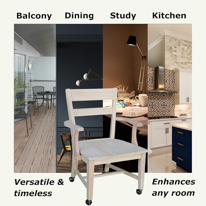 IC International Concepts Dining Chair with Casters, 225lbs wt Capacity, Solid Real Wood, Sturdy Parawood, 24.4"W x 22"D x 35"H, DIY, Paint/Stain Ready, Unfinished