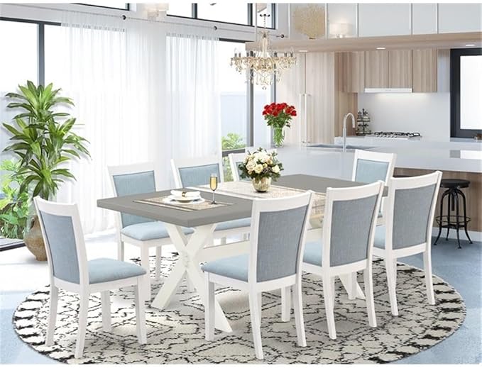 East West Furniture X097MZ015-9 9 Piece Dining Room Furniture Set Includes a Rectangle Dining Table with X-Legs and 8 Baby Blue Linen Fabric Parsons Chairs, 40x72 Inch, Multi-Color