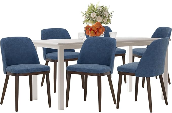 COLAMY 60 Inch Rectangular Kitchen Dining Table for 6, Modern Farmhouse Dining Table Set for 6, Wood Dining Table and Upholstered Dining Chairs for Kitchen, Dining Room, Restaurant, White/Blue