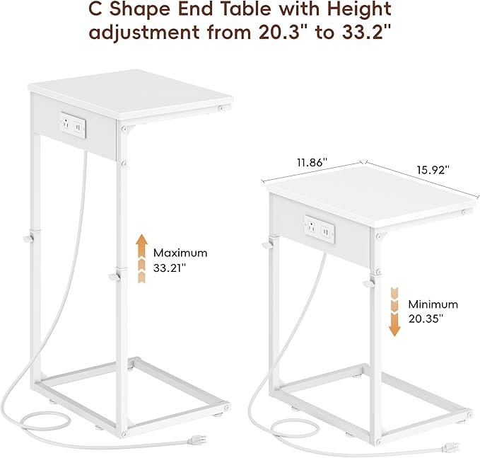 Vagusicc C Shaped End Table with Charging Station, Adjustable Height Side Table for Couch, Small End Table Small Spaces, 33.2'' Tall Couch Tables that Slide Under, Tv Tray Table for Living Room, White