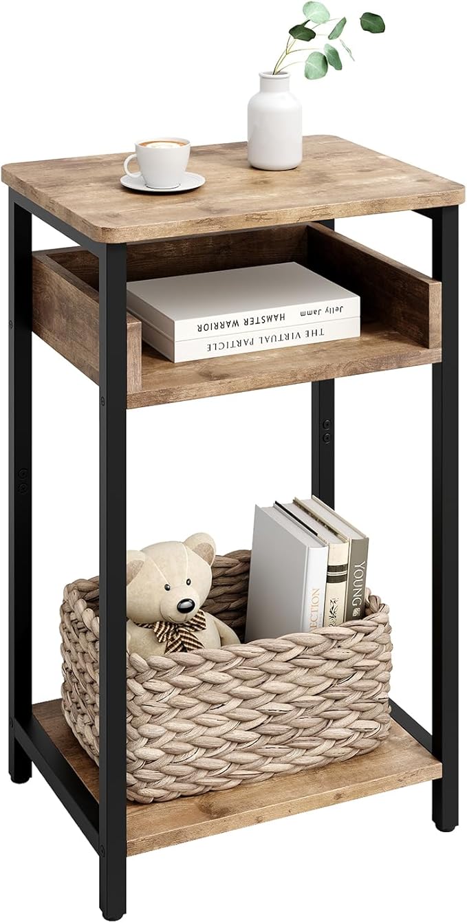 Side Table, 25 inch High End Table, Small Bedside Table for Living Room, Bedroom and Office, Greige & Black