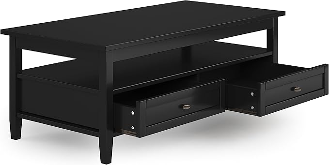 SIMPLIHOME Warm Shaker Coffee Table - 48 inch Wide Solid Wood Cocktail Table in Black, Transitional Living Room Table with 2 Storage Drawers and Open Shelf for Sitting Area or Lounge
