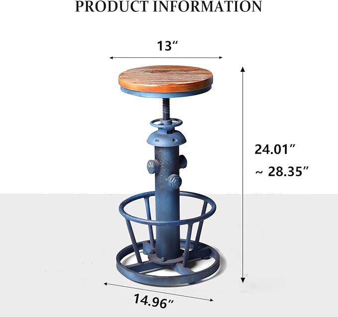 Topower Aged Steampunk Deco Industrial Round Bottom Adjustable Height Cafe Coffee Retro Vintage Fire Hydrant Design Pub Kitchen Counter Bar Stool (Antique Blue, Wooden Top)