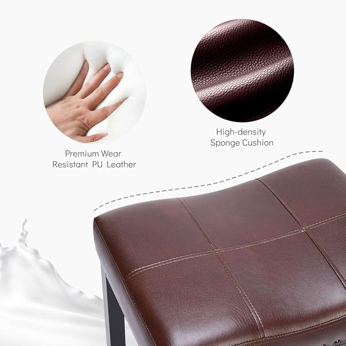 Counter Stools Set of 2 Upholstered Counter Height Bar Stools with Padded Seats and Metal Base, Leather Saddle Stool for Modern Kitchen Island, 22.4-Inch, Brown