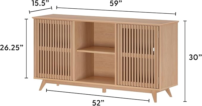 Plank+Beam Mid-Century Modern Wood TV Stand, Solid Wood Entertainment Console with Storage, 59" L x 16" W x 30" H, Blonde