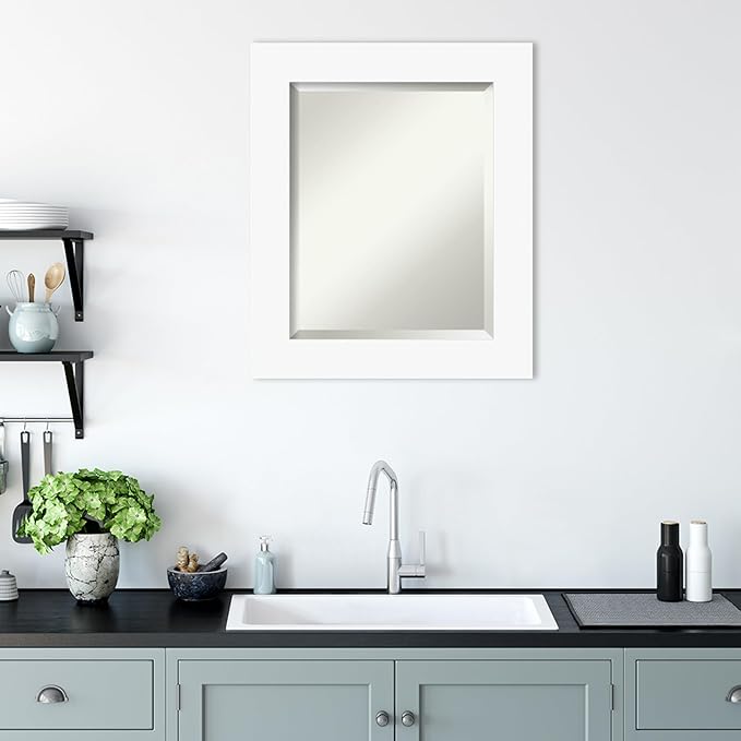 Amanti Art White Bathroom Mirror for Over Sink, 26x22 Basic White Rectangle Vanity Mirror, Small Casual Wood Frame, Hangs Horizonally and Vertically, Bathroom Wall Decor, Beveled Edge from WI, USA