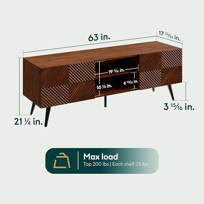 Bme Rhombus Wooden TV Stand with Storage Cabinets – Solid Acacia Wood, Geometric Rhombus Pattern Doors, Scandinavian Modern Entertainment Console with Metal Base