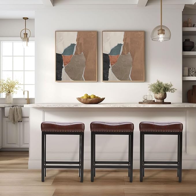 Counter Stools Set of 2 Upholstered Counter Height Bar Stools with Padded Seats and Metal Base, Leather Saddle Stool for Modern Kitchen Island, 22.4-Inch, Brown