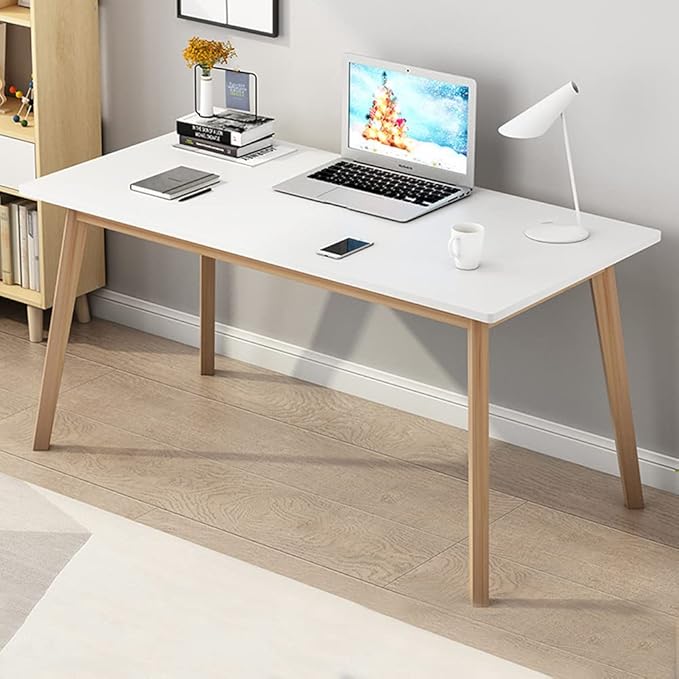 IOTXY Simple Wooden Writing Desk - Modern Minimalist Style PC Laptop Computer Workbench with Solid Wood Legs, 55" W Home Office Work Table for TV Stand Music Video Live Broadcast Workstation, White