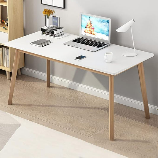 IOTXY Simple Wooden Writing Desk - Modern Minimalist Style PC Laptop Computer Workbench with Solid Wood Legs, 55" W Home Office Work Table for TV Stand Music Video Live Broadcast Workstation, White