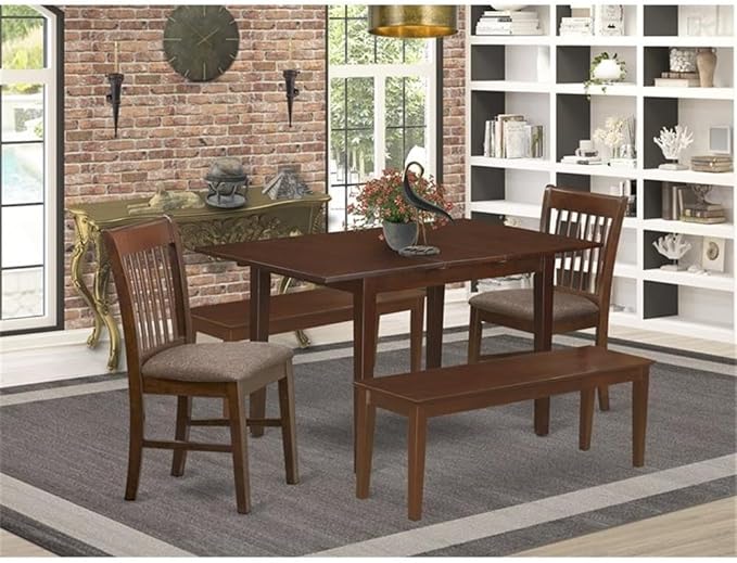 East West Furniture PSNO5C-MAH-C 5 Piece Dinette Set Includes a Rectangle Dining Room Table with Butterfly Leaf and 2 Linen Fabric Dining Chairs with 2 Benches, 32x60 Inch, Mahogany