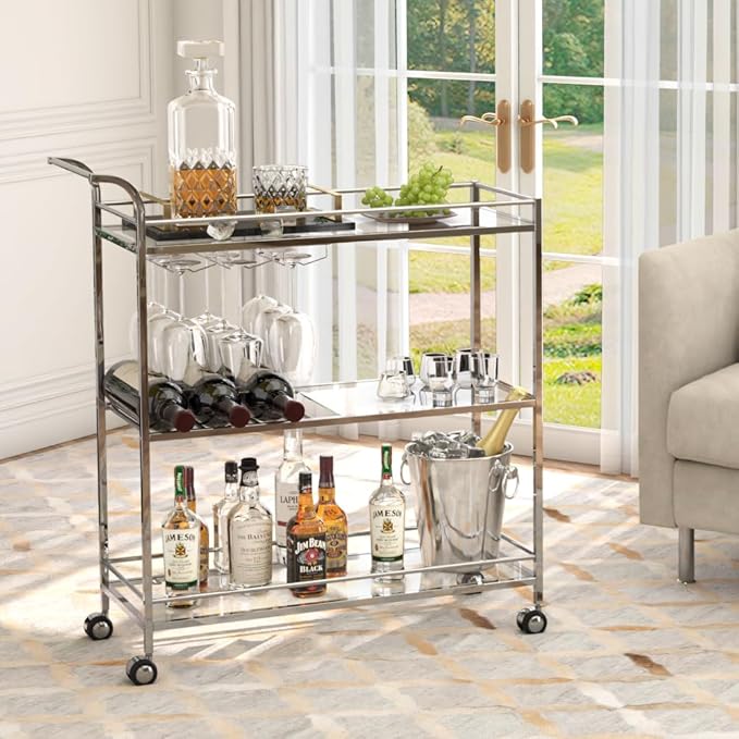 Bar Cart Silver, Home Bar Serving Cart, Modern Bar Cart with 3-Tier, Mobile Kitchen Shelf with Wine Rack and Glass Holder, Bar Carts for The Home, Dining Room, Living Room