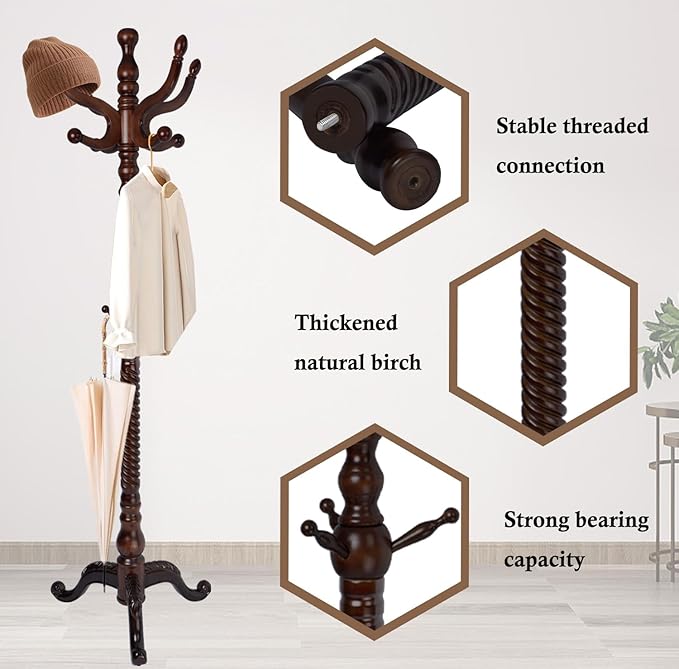 Coat Rack Stand, Solid Wooden Coat Tree with 11 Hooks, Heavy Duty Coat Rack Freestanding with Sturdy Round Base, Natural Birch Wood Coat Hanger Stand for Entryway Bedroom (triangles)