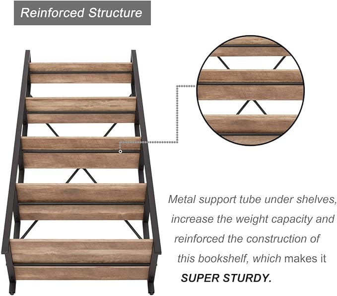BON AUGURE Industrial 5 Tier Ladder Bookshelf, Wood and Metal Ladder Shelf Bookcase, Farmhouse Leaning Shelves for Living Room (Vintage Oak)