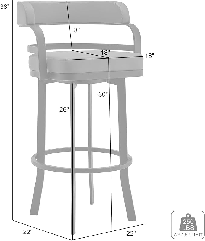 Armen Living Prinz 30" Bar Height Swivel Barstool in Grey Faux Leather and Brushed Stainless Steel Finish