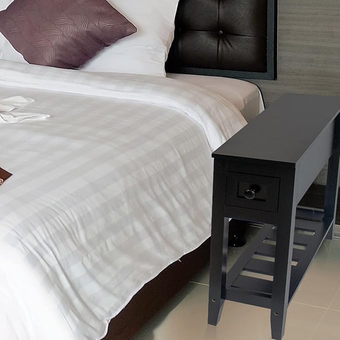 Narrow End Table, Black Side Table with Drawer, Slim Bed Side Table for Small Space/Night Stand Set of 1, Side Table for Couch